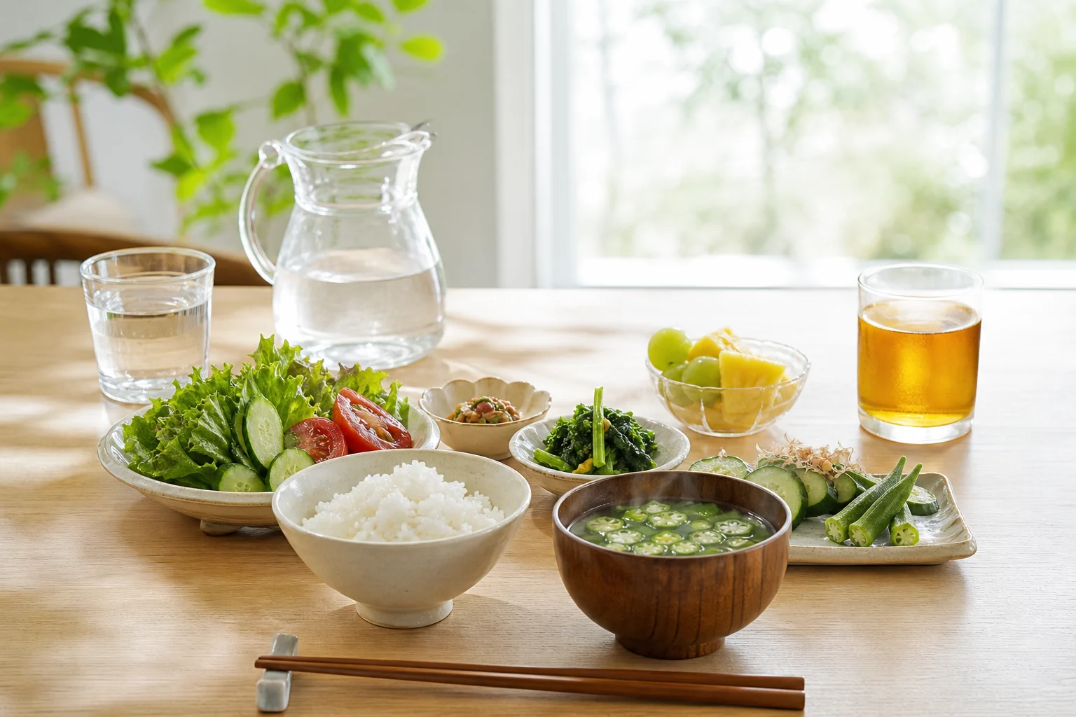 水分、麦茶、米飯、夏野菜、果物を並べた夏の朝の食卓